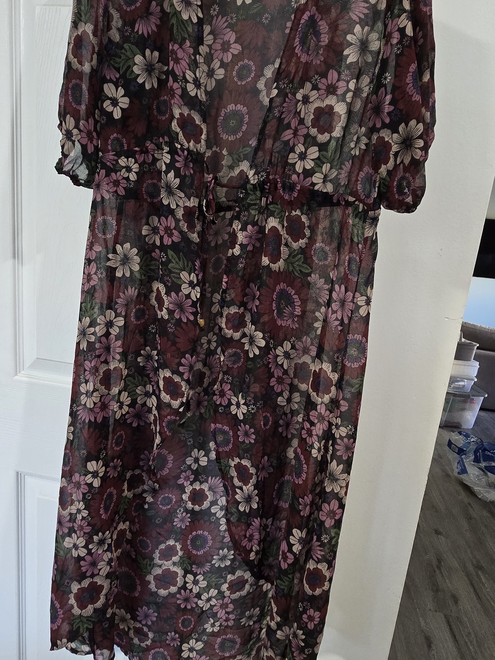 Floral Sheer Midi Dress in Burgundy and Pink